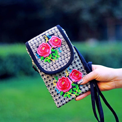 fachgo | Retro Boho Embroidered Phone Bag, Mini Ethnic Travel One Shoulder Bag For Women