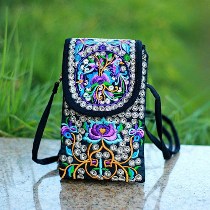 fachgo | Retro Boho Embroidered Phone Bag, Mini Ethnic Travel One Shoulder Bag For Women