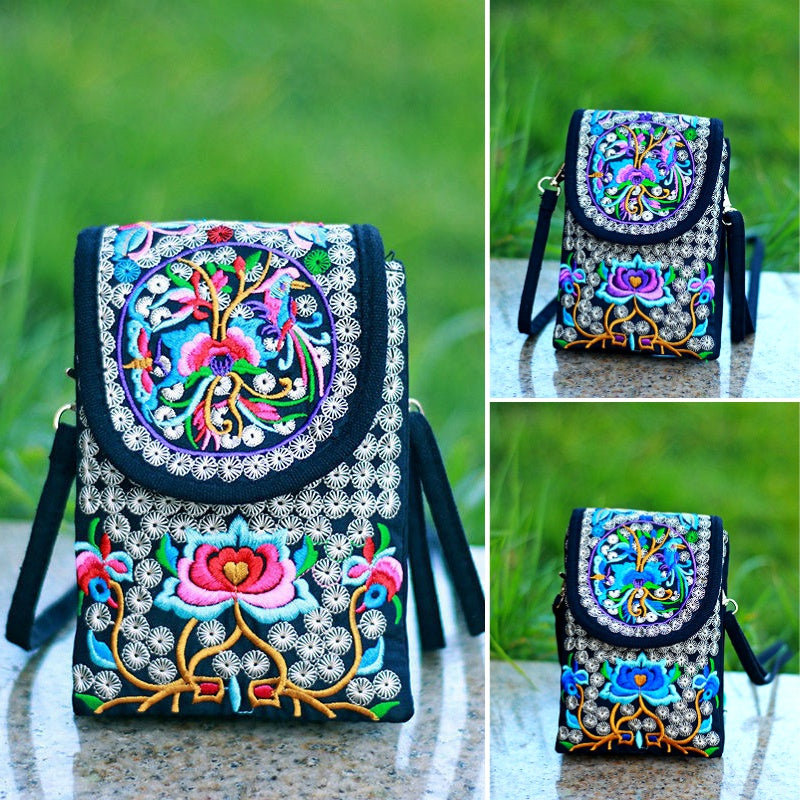 fachgo | Retro Boho Embroidered Phone Bag, Mini Ethnic Travel One Shoulder Bag For Women