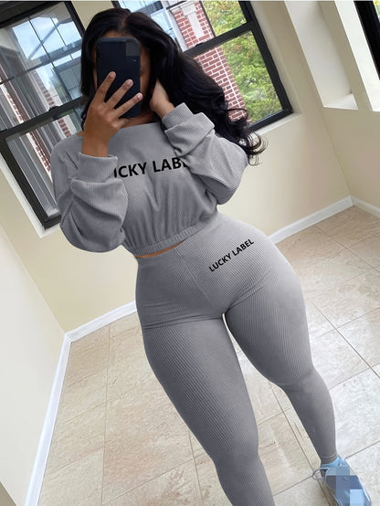 fachgo | [Women's Sweatshirt Set] Letter Embroidery Women's Two Piece Ribbed s Fall Spring Long Sleeve Sweatshirt and Skinny Pants Set