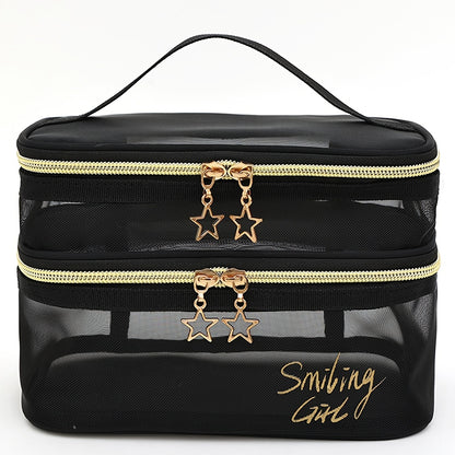 fachgo | Spacious Travel Cosmetic Organizer - Dual-Layer Clear Mesh Makeup Bag with Secure Zipper for Women