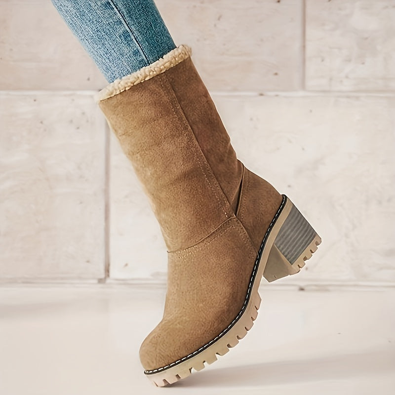 fachgo | Women's Warm Faux Fur Lined Boots, Slip On Block Heeled Ankle Boots, Women's Footwear