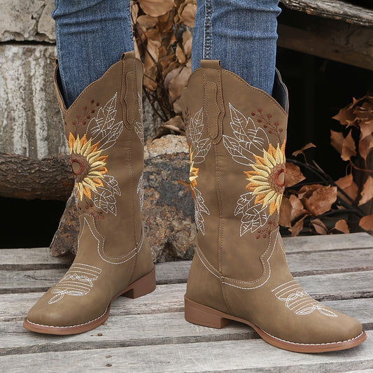 fachgo | [Mid Calf Embroidered Western Boots] Women's Embroidered Mid Calf Western Boots, Faux Leather Fashion Boots, Women's Footwear