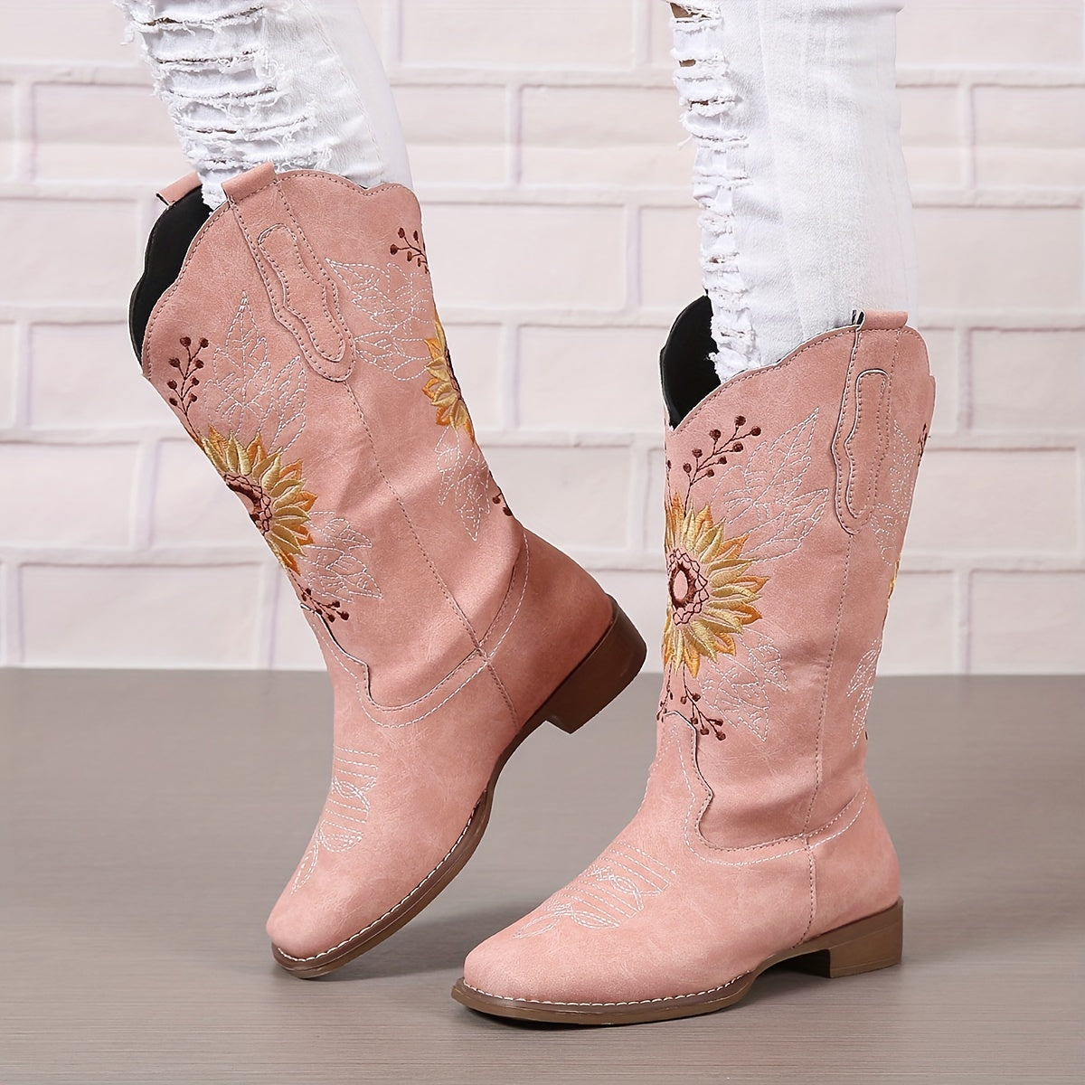 fachgo | [Mid Calf Embroidered Western Boots] Women's Embroidered Mid Calf Western Boots, Faux Leather Fashion Boots, Women's Footwear