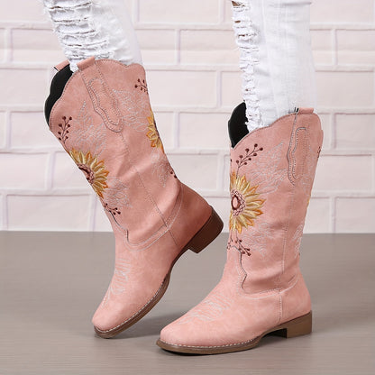 fachgo | [Mid Calf Embroidered Western Boots] Women's Embroidered Mid Calf Western Boots, Faux Leather Fashion Boots, Women's Footwear