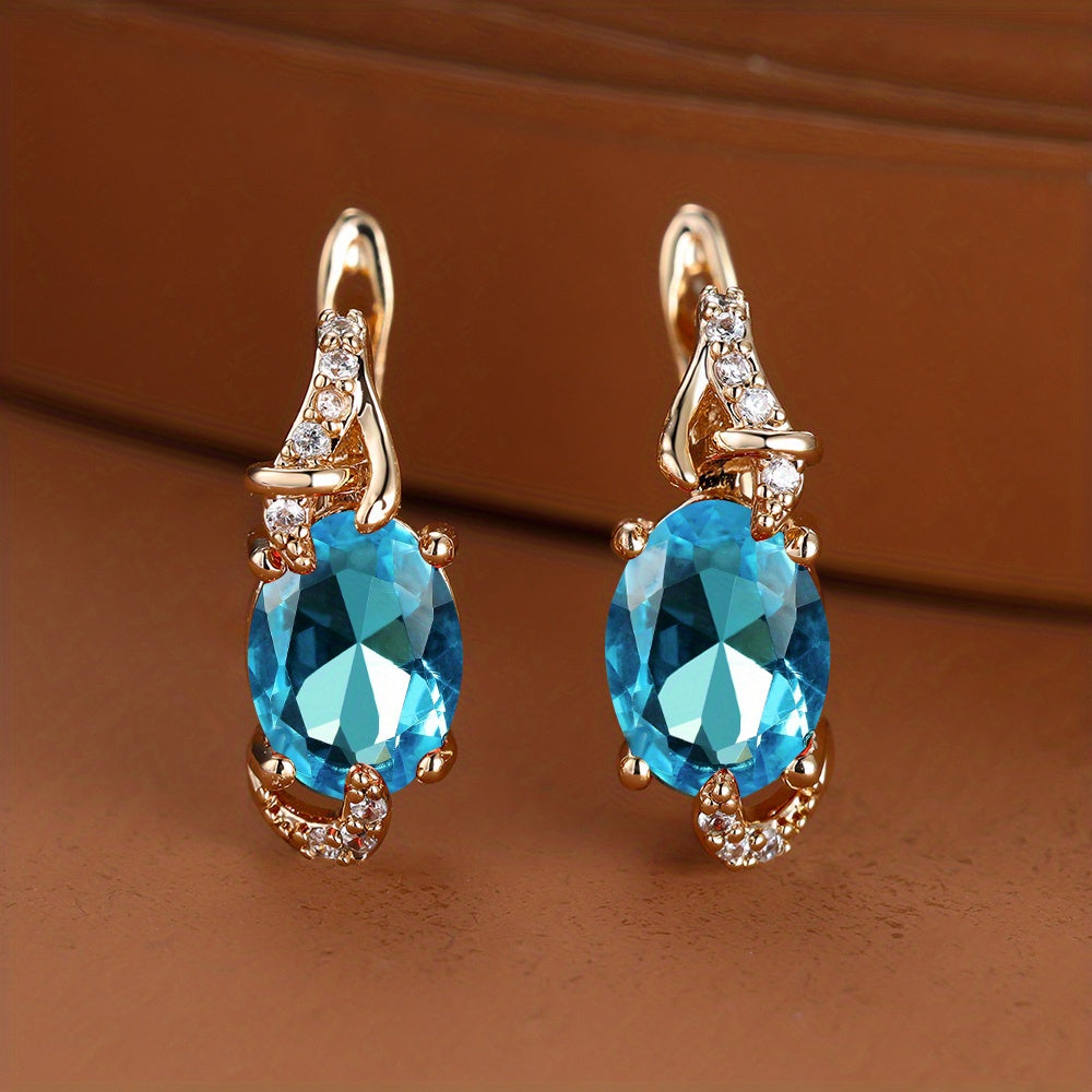fachgo | [18K Gold Plated Earrings] 18K Gold Plated Blue Stone Stud Earrings | Trendy Round Oval Cut White Blue Red Pink Stone Drop Earrings | Anniversary Claw Earrings Jewelry for Women