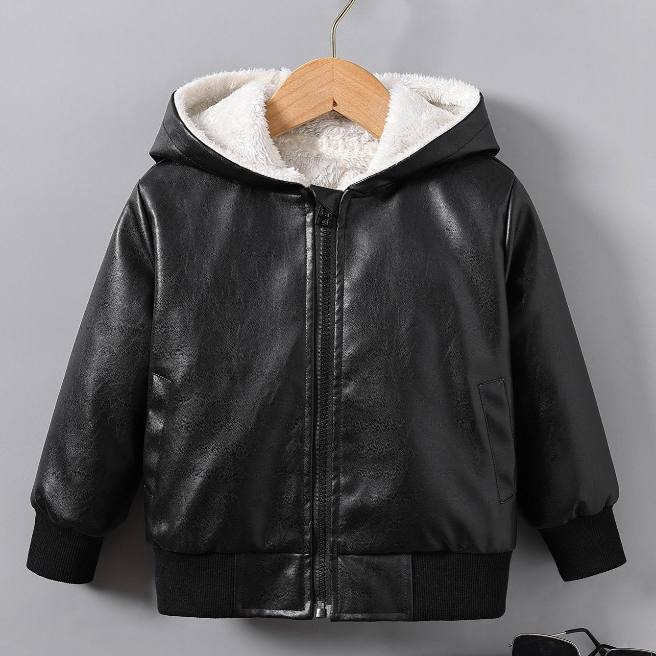 fachgo | Boys' Faux Leather Jacket with Fleece Lining - Thickened Winter Coat, Full-Zip Front Closure, Machine Washable, Casual Style for Fall/Winter, Regular Fit