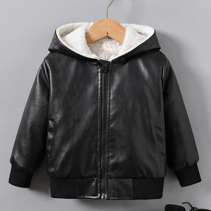 fachgo | Boys' Faux Leather Jacket with Fleece Lining - Thickened Winter Coat, Full-Zip Front Closure, Machine Washable, Casual Style for Fall/Winter, Regular Fit