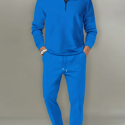 fachgo | 2Pcs Men's Waffle Pattern Outfits, Casual V Neck Long Sleeve Pullover Sweatshirt And Drawstring Sweatpants Joggers Set For Spring Fall