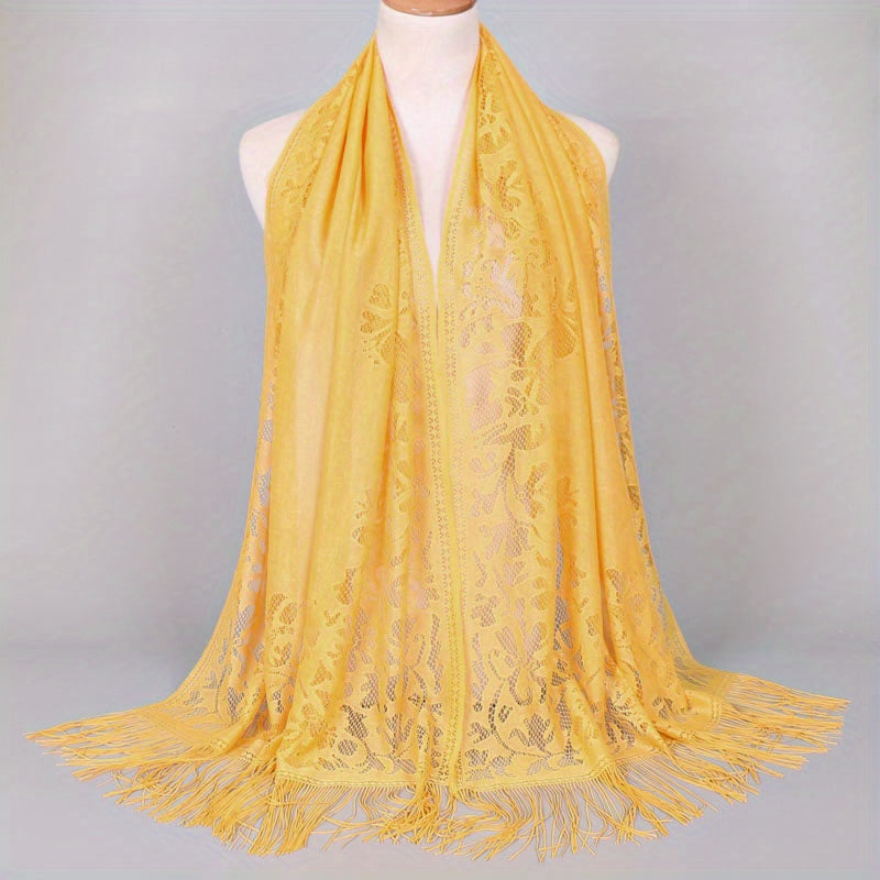 fachgo | [Floral Lace Scarf With Tassels] Ladies Women's Floral Lace Scarf Shawl With Tassels, Soft Mesh Fringe Wraps Bridal Shawl For Wedding Evening Party Dresses