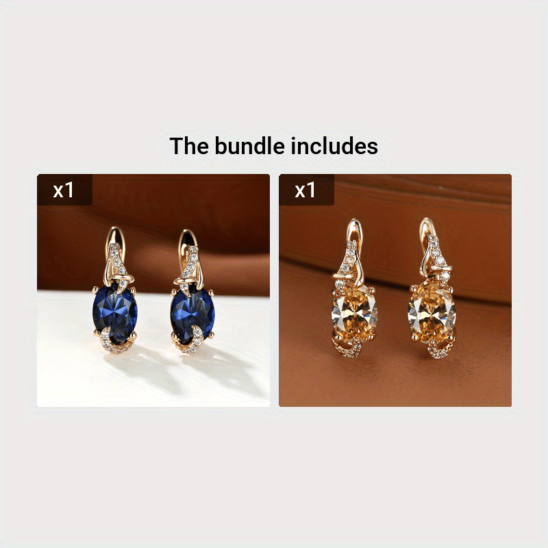 fachgo | [18K Gold Plated Earrings] 18K Gold Plated Blue Stone Stud Earrings | Trendy Round Oval Cut White Blue Red Pink Stone Drop Earrings | Anniversary Claw Earrings Jewelry for Women