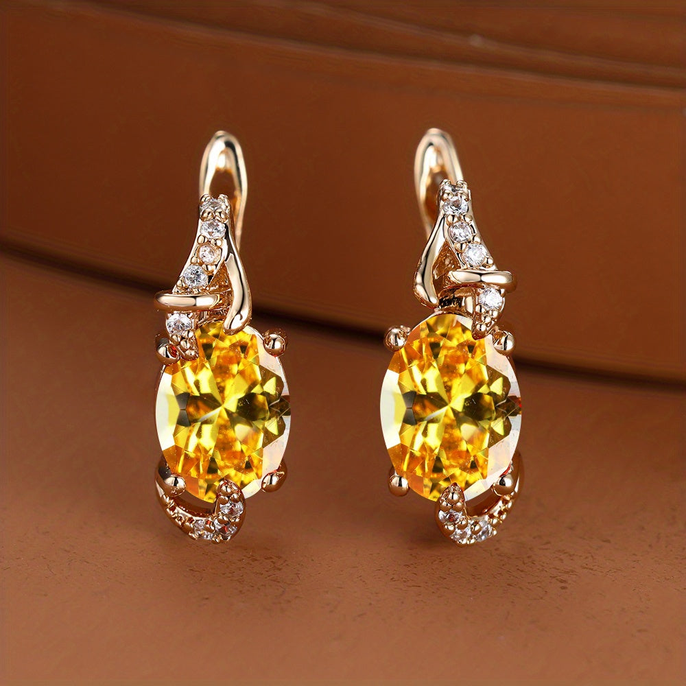 fachgo | [18K Gold Plated Earrings] 18K Gold Plated Blue Stone Stud Earrings | Trendy Round Oval Cut White Blue Red Pink Stone Drop Earrings | Anniversary Claw Earrings Jewelry for Women