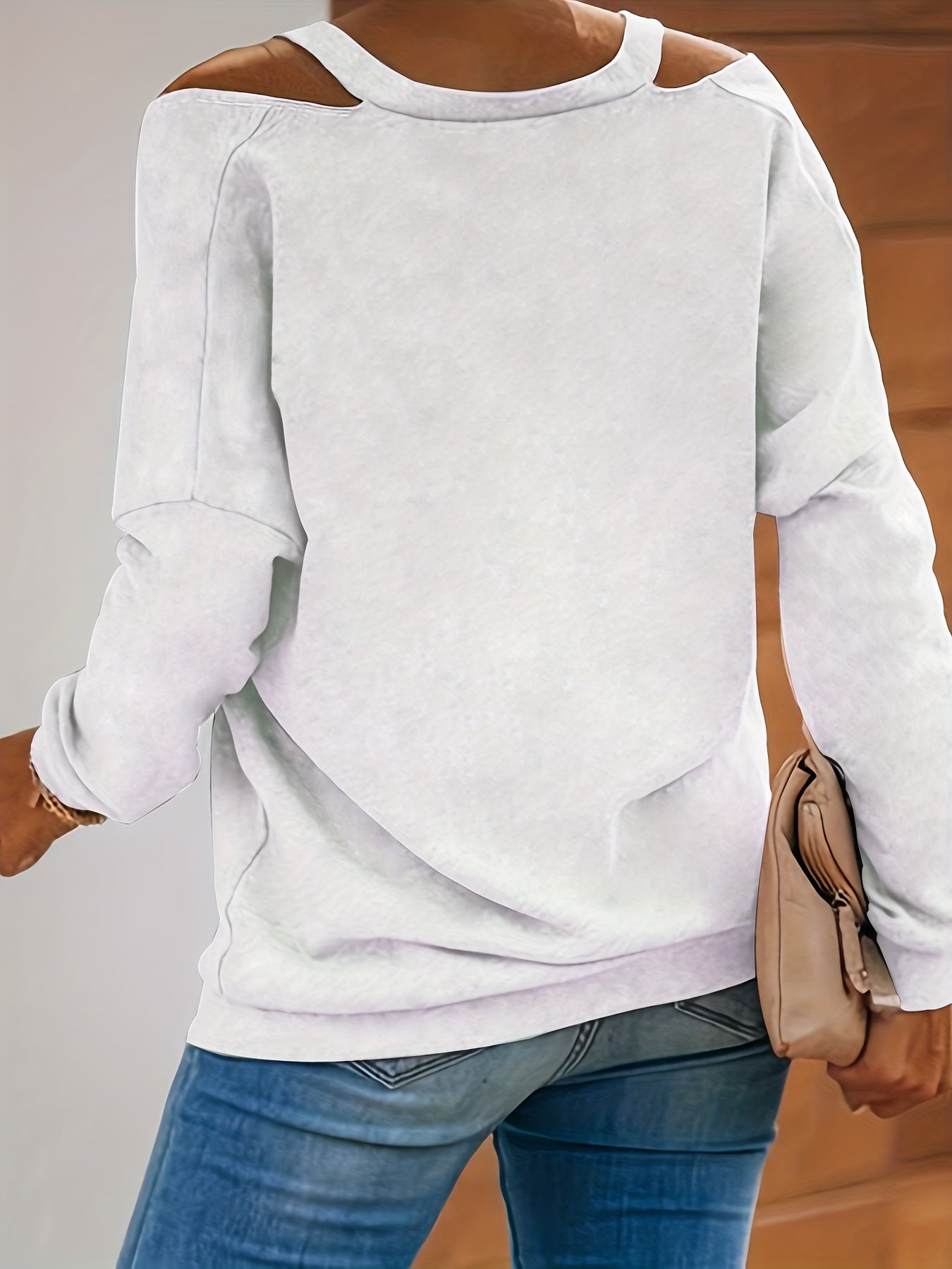 fachgo | Women's Retro Streetwear Off-Shoulder Sweatshirt - Semi-Sheer Casual Pullover with "NOPE Not Today" Print, Light Grey Spring/Fall Machine Washable Top, Spring Autumn Clothing | Textured Fabric