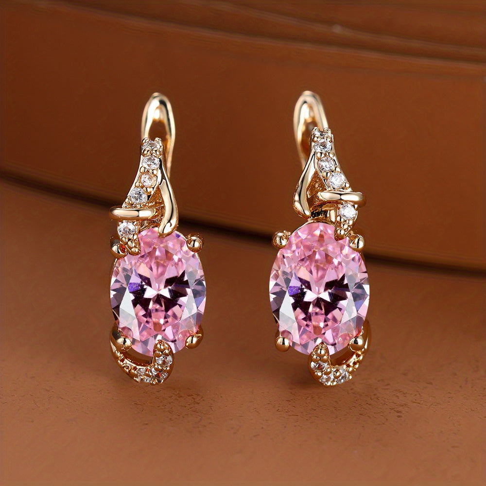 fachgo | [18K Gold Plated Earrings] 18K Gold Plated Blue Stone Stud Earrings | Trendy Round Oval Cut White Blue Red Pink Stone Drop Earrings | Anniversary Claw Earrings Jewelry for Women