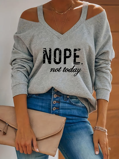 fachgo | Women's Retro Streetwear Off-Shoulder Sweatshirt - Semi-Sheer Casual Pullover with "NOPE Not Today" Print, Light Grey Spring/Fall Machine Washable Top, Spring Autumn Clothing | Textured Fabric