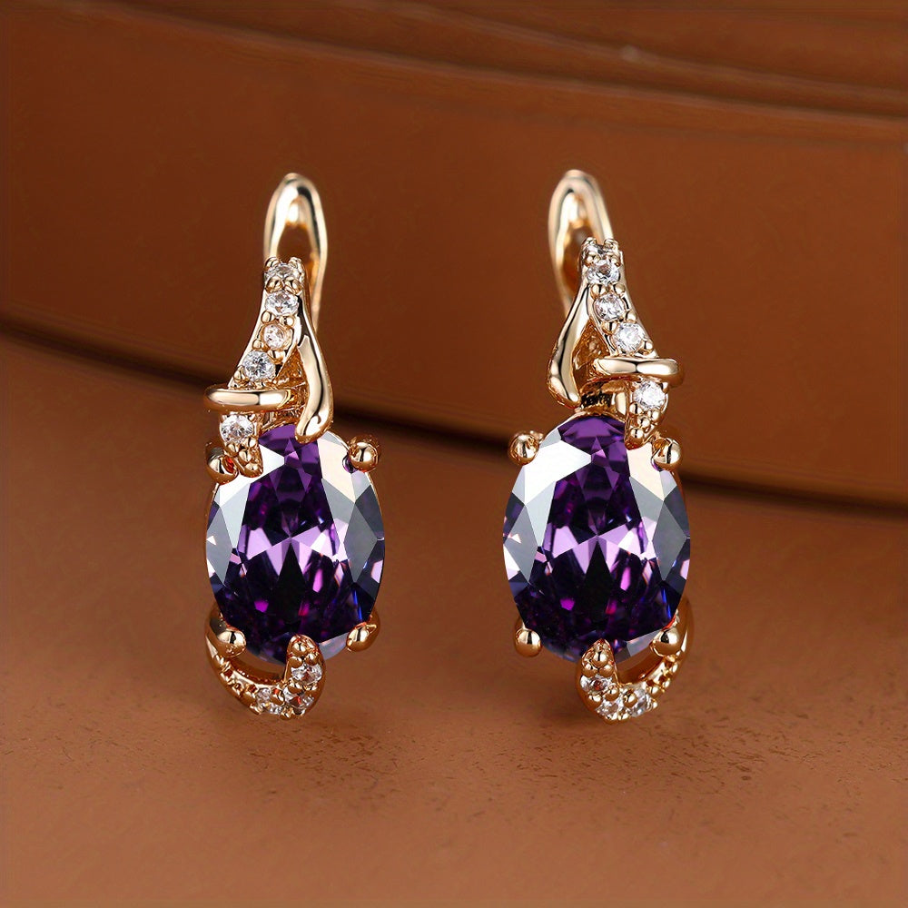 fachgo | [18K Gold Plated Earrings] 18K Gold Plated Blue Stone Stud Earrings | Trendy Round Oval Cut White Blue Red Pink Stone Drop Earrings | Anniversary Claw Earrings Jewelry for Women