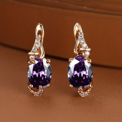 fachgo | [18K Gold Plated Earrings] 18K Gold Plated Blue Stone Stud Earrings | Trendy Round Oval Cut White Blue Red Pink Stone Drop Earrings | Anniversary Claw Earrings Jewelry for Women