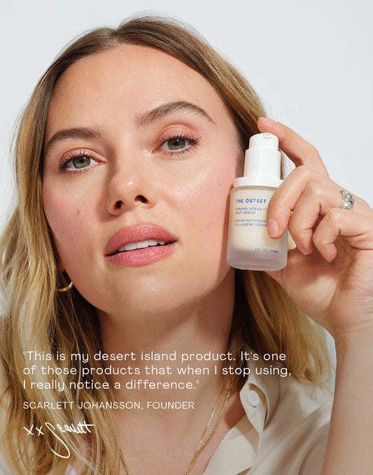 Scarlett Johansson showcasing The Outset serum, promoting the Glass Skin Duo for radiant hydration.