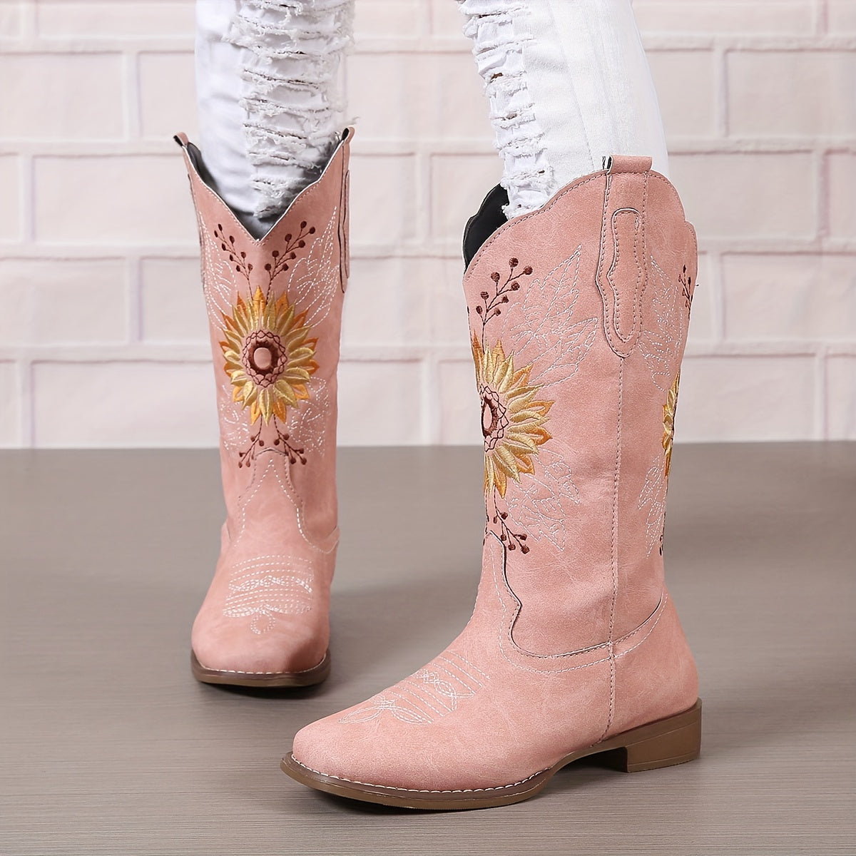fachgo | [Mid Calf Embroidered Western Boots] Women's Embroidered Mid Calf Western Boots, Faux Leather Fashion Boots, Women's Footwear