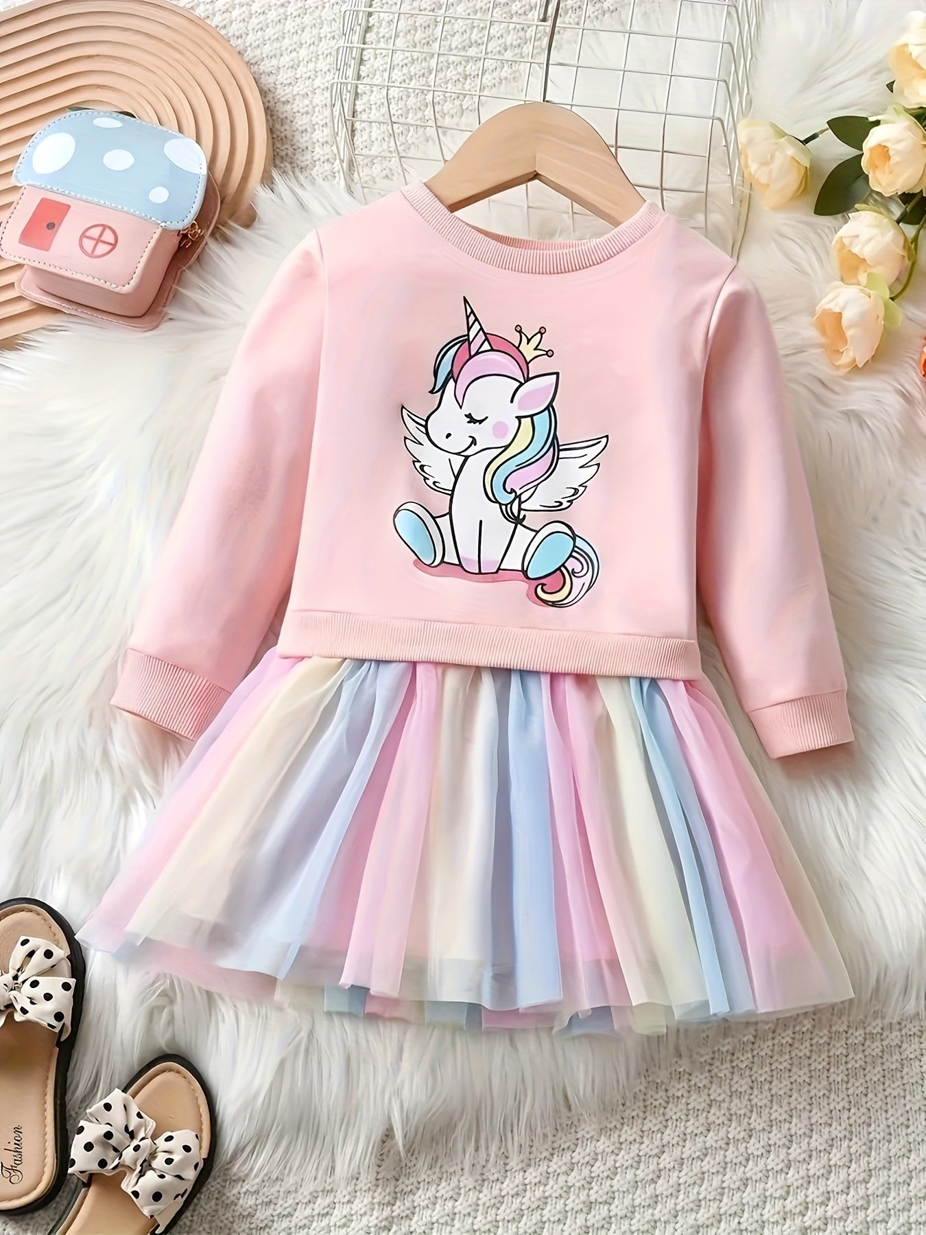 fachgo | Rainbow Tutu Hem Unicorn Print Long Sleeve Sweatshirt Dress - Magical Party & Vacation Outfit for Trendy Girls - Cozy Spring/Autumn Wear