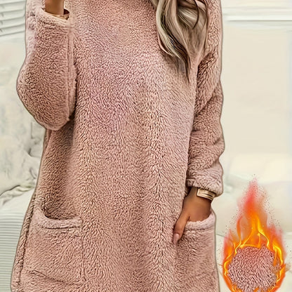 fachgo | [2025 New Plush Sweatshirt] New Autumn Winter Women's Plush Comfortable Casual Solid Color Pocket Round Neck Warm Long Sleeve Sweatshirt 2025