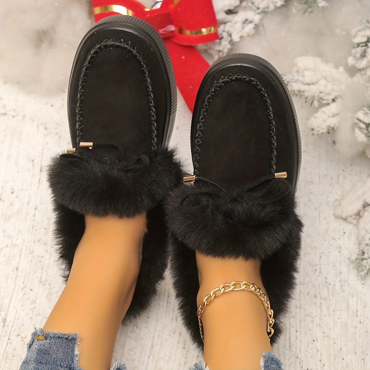 fachgo | New Women Winter Ankle Boots Snow Boots Plush Warm Slip-on Ladies Shoes Flats Plus Size