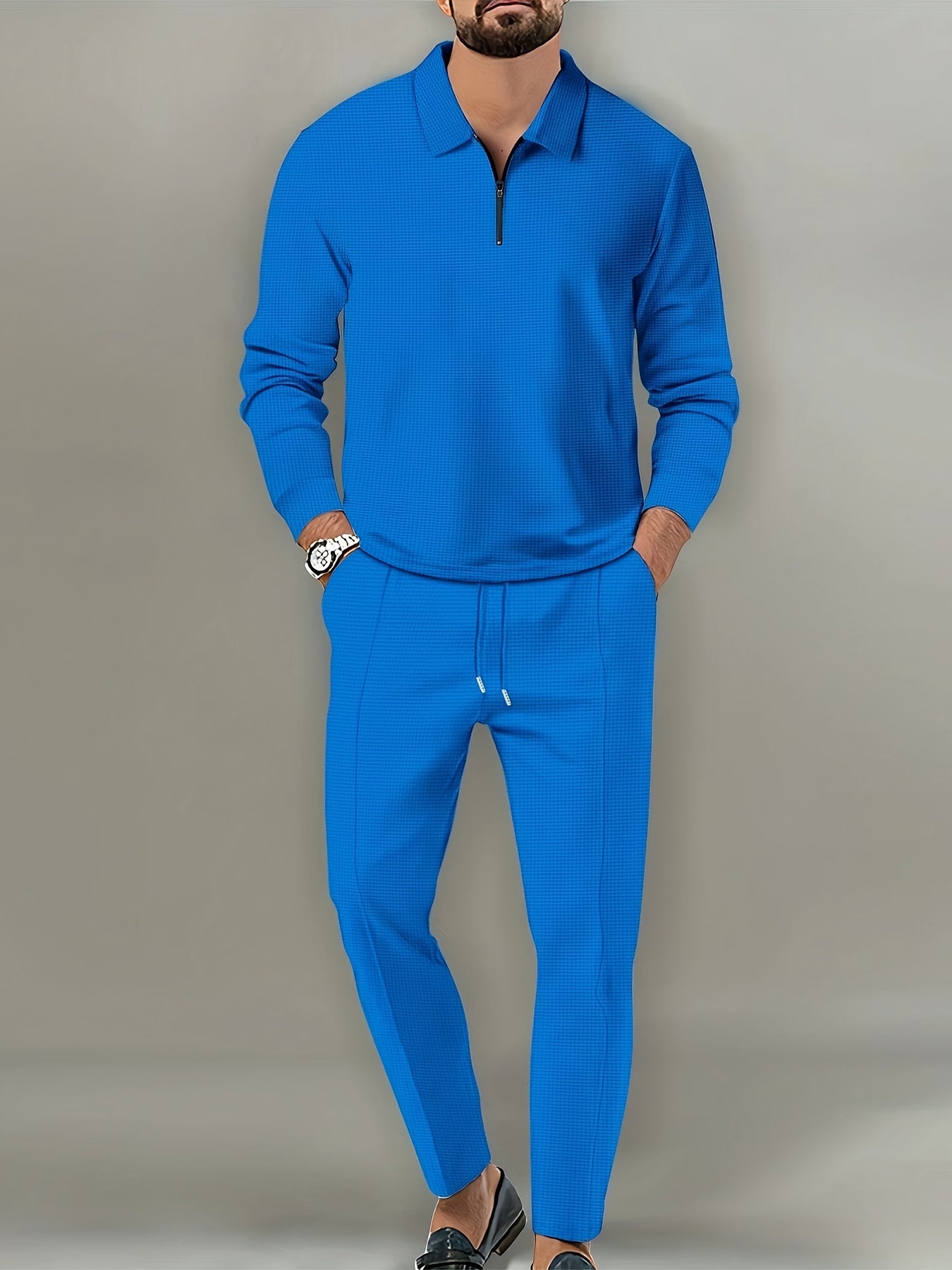 fachgo | 2Pcs Men's Waffle Pattern Outfits, Casual V Neck Long Sleeve Pullover Sweatshirt And Drawstring Sweatpants Joggers Set For Spring Fall