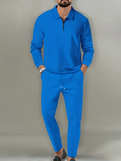 fachgo | 2Pcs Men's Waffle Pattern Outfits, Casual V Neck Long Sleeve Pullover Sweatshirt And Drawstring Sweatpants Joggers Set For Spring Fall