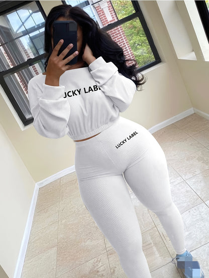 fachgo | [Women's Sweatshirt Set] Letter Embroidery Women's Two Piece Ribbed s Fall Spring Long Sleeve Sweatshirt and Skinny Pants Set