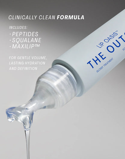 Glass Skin Duo showing Lip Oasis gloss treatment with peptides, squalane, and Maxilip for hydration and volume.