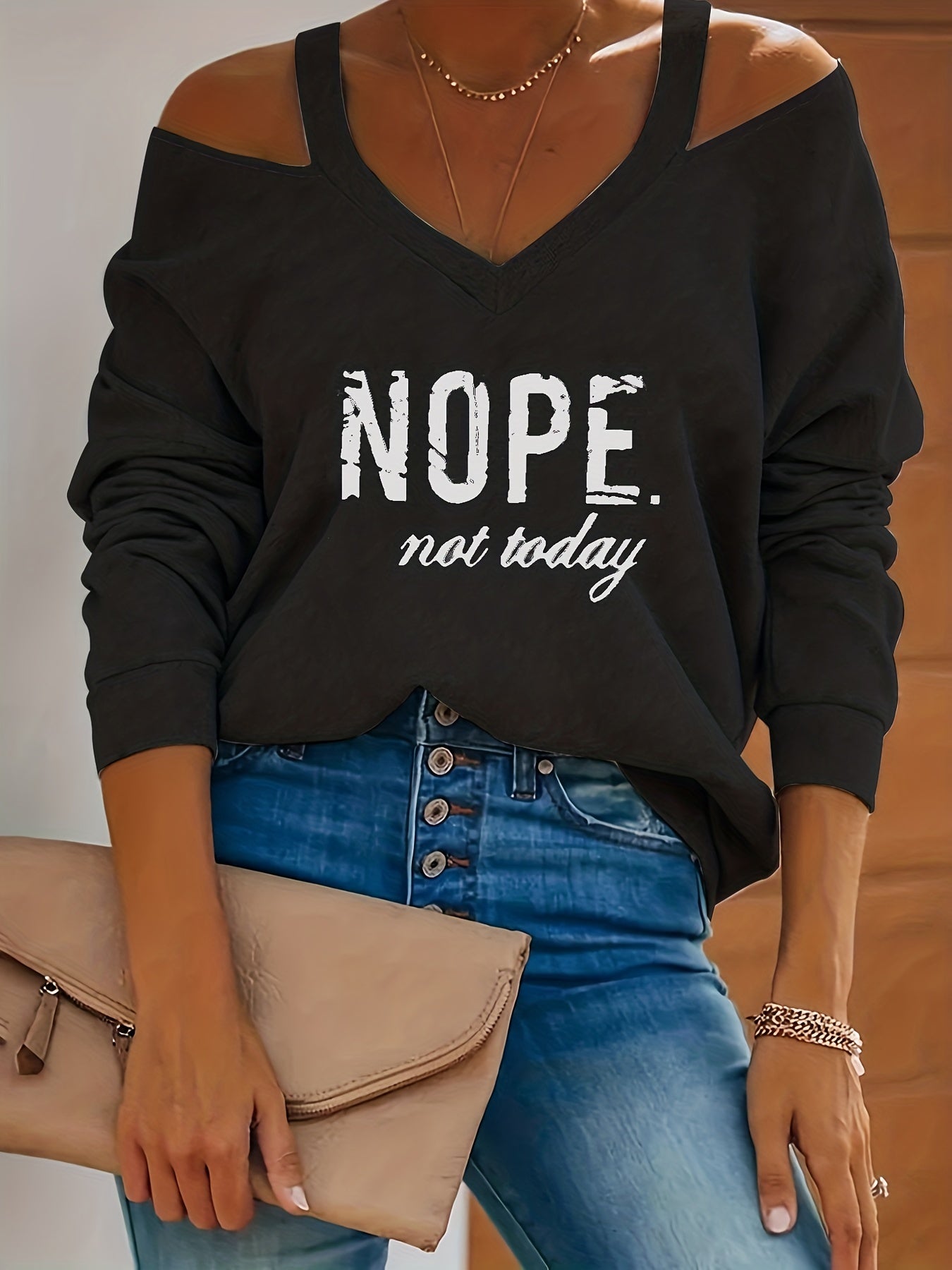 fachgo | Women's Retro Streetwear Off-Shoulder Sweatshirt - Semi-Sheer Casual Pullover with "NOPE Not Today" Print, Light Grey Spring/Fall Machine Washable Top, Spring Autumn Clothing | Textured Fabric