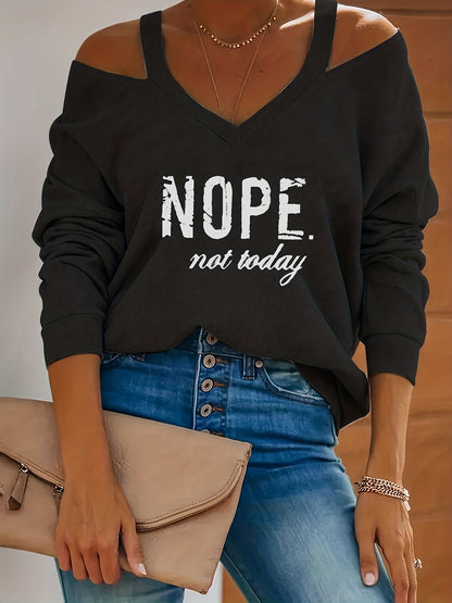 fachgo | Women's Retro Streetwear Off-Shoulder Sweatshirt - Semi-Sheer Casual Pullover with "NOPE Not Today" Print, Light Grey Spring/Fall Machine Washable Top, Spring Autumn Clothing | Textured Fabric
