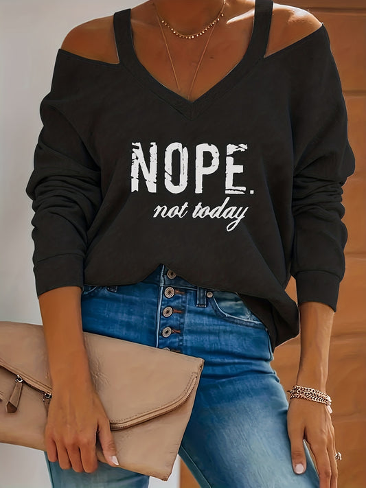 fachgo | Women's Retro Streetwear Off-Shoulder Sweatshirt - Semi-Sheer Casual Pullover with "NOPE Not Today" Print, Light Grey Spring/Fall Machine Washable Top, Spring Autumn Clothing | Textured Fabric