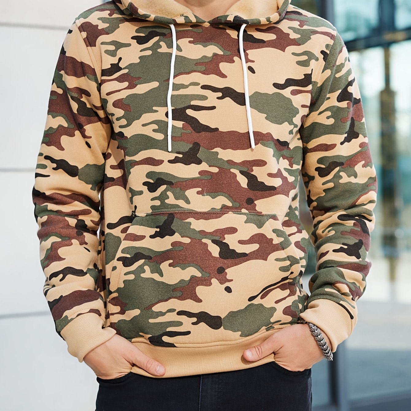fachgo | [Camouflage Sweatshirt] Autumn Winter Hooded Men's Camouflage Loose Pullover Fleece Sweatshirt | Fleece, Hooded