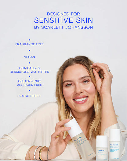 Skincare products designed for sensitive skin by Scarlett Johansson, featuring vegan and allergen-free labels.