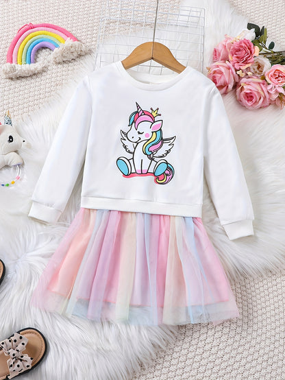 fachgo | Rainbow Tutu Hem Unicorn Print Long Sleeve Sweatshirt Dress - Magical Party & Vacation Outfit for Trendy Girls - Cozy Spring/Autumn Wear
