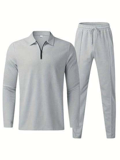 fachgo | 2Pcs Men's Waffle Pattern Outfits, Casual V Neck Long Sleeve Pullover Sweatshirt And Drawstring Sweatpants Joggers Set For Spring Fall