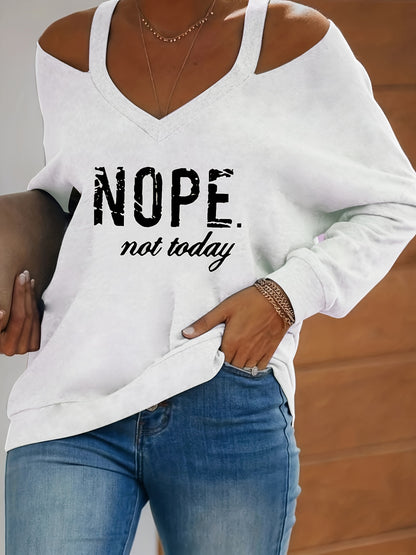fachgo | Women's Retro Streetwear Off-Shoulder Sweatshirt - Semi-Sheer Casual Pullover with "NOPE Not Today" Print, Light Grey Spring/Fall Machine Washable Top, Spring Autumn Clothing | Textured Fabric
