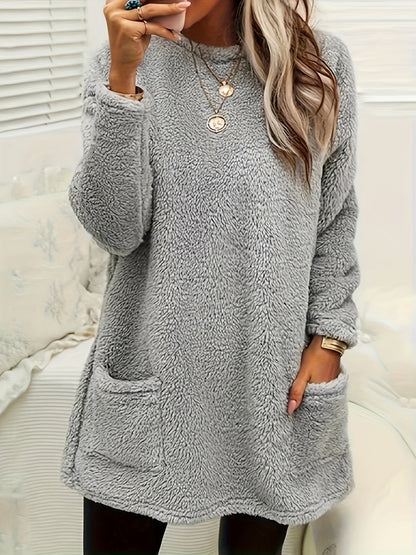 fachgo | Women's Cozy Plush Sweatshirt, Soft Purple Long Sleeve Pullover with Front Pockets Round Neck, Casual Sweater for Spring/Fall, Everyday & Formal Outfits