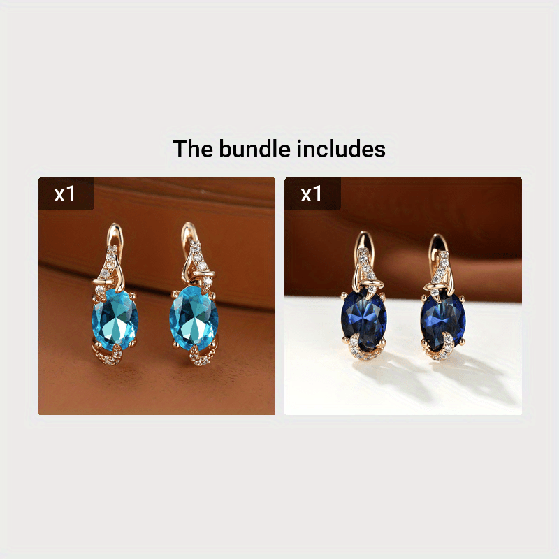 fachgo | [18K Gold Plated Earrings] 18K Gold Plated Blue Stone Stud Earrings | Trendy Round Oval Cut White Blue Red Pink Stone Drop Earrings | Anniversary Claw Earrings Jewelry for Women