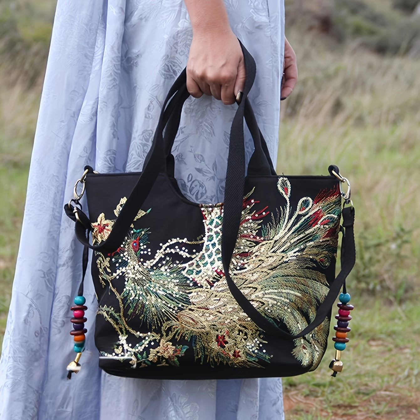 fachgo | Wo 'S Embroidered Satchel Bag, Fashion Double Handle Purse, Retro Style Handbag with Removable Strap