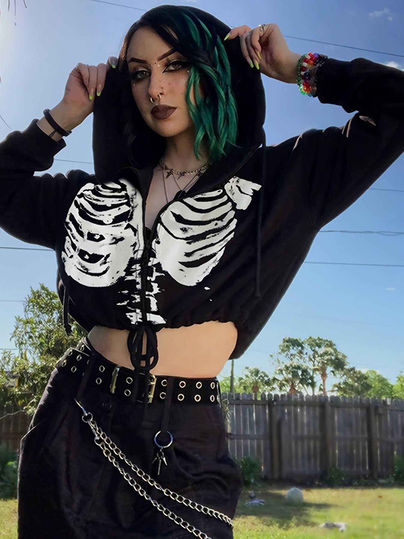 fachgo | Women's Fashion Gothic Skull Print Casual Drawstring Short Hoodie Long Sleeve Top
