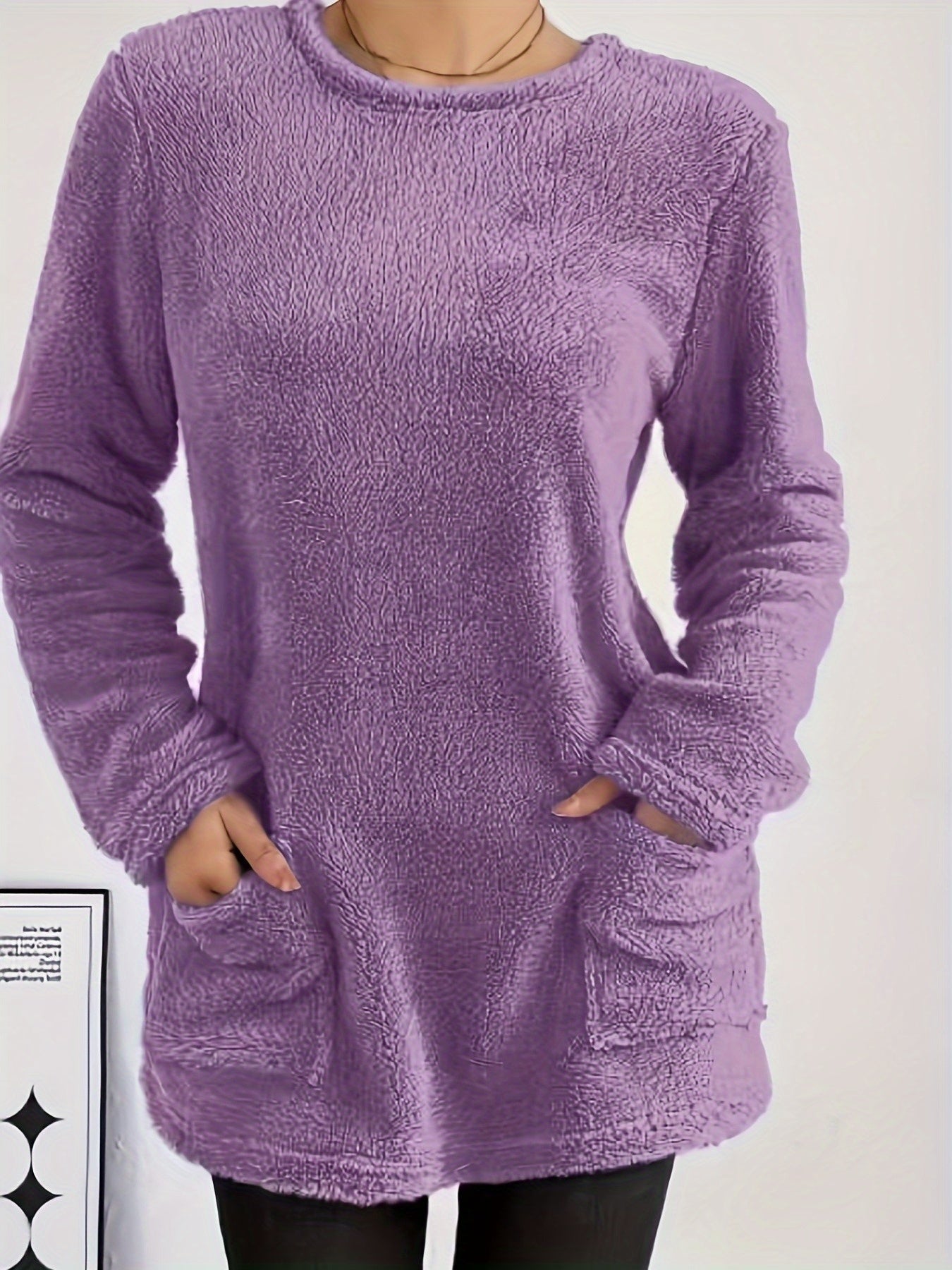 fachgo | [2025 New Plush Sweatshirt] New Autumn Winter Women's Plush Comfortable Casual Solid Color Pocket Round Neck Warm Long Sleeve Sweatshirt 2025