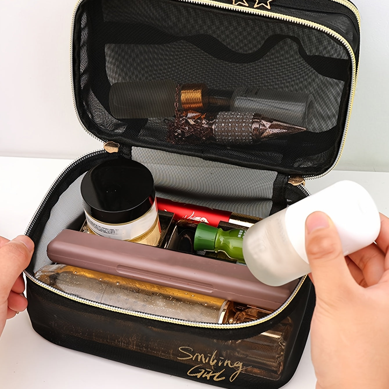 fachgo | Spacious Travel Cosmetic Organizer - Dual-Layer Clear Mesh Makeup Bag with Secure Zipper for Women