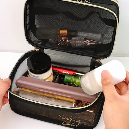 fachgo | Spacious Travel Cosmetic Organizer - Dual-Layer Clear Mesh Makeup Bag with Secure Zipper for Women