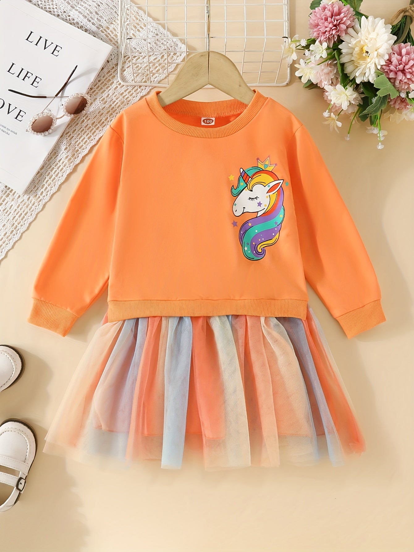 fachgo | Rainbow Tutu Hem Unicorn Print Long Sleeve Sweatshirt Dress - Magical Party & Vacation Outfit for Trendy Girls - Cozy Spring/Autumn Wear