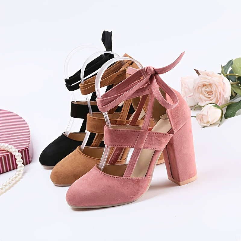 fachgo | [Elegant Sandals] Elegant High Heel Sandals | Women's - Solid Color Fabric Upper, Round Toe, Lace-Up Ankle Strap, Block Heel, Rubber Sole, Man-Made Insole & Inner Material