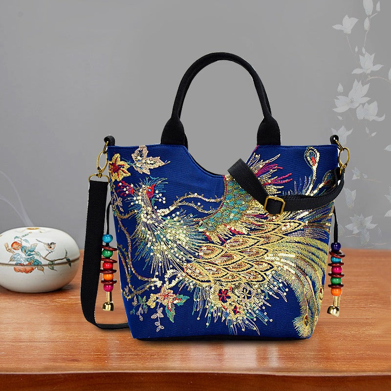 fachgo | Wo 'S Embroidered Satchel Bag, Fashion Double Handle Purse, Retro Style Handbag with Removable Strap