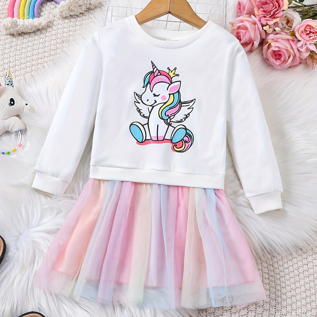 fachgo | Rainbow Tutu Hem Unicorn Print Long Sleeve Sweatshirt Dress - Magical Party & Vacation Outfit for Trendy Girls - Cozy Spring/Autumn Wear