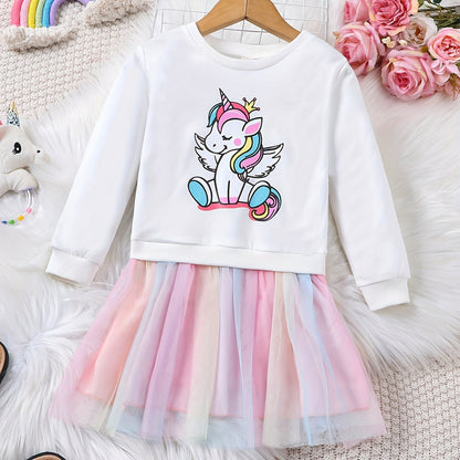 fachgo | Rainbow Tutu Hem Unicorn Print Long Sleeve Sweatshirt Dress - Magical Party & Vacation Outfit for Trendy Girls - Cozy Spring/Autumn Wear